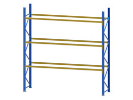 Palletstelling Esmena - 2 blauwe staanders 3850x1000x100mm   6 gele liggers 3600x75x40mm
